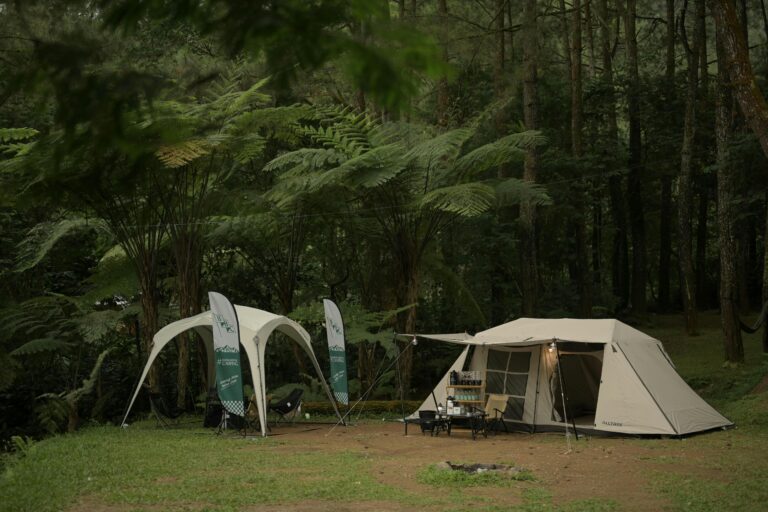 Peaceful camping scene in lush forest of West Java, Indonesia.